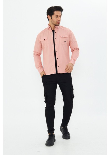Erkek Pudra Slim Fit Dar Kalıp Çift Cepli Pamuklu Kot Gömlek