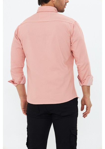 Erkek Pudra Slim Fit Dar Kalıp Çift Cepli Pamuklu Kot Gömlek