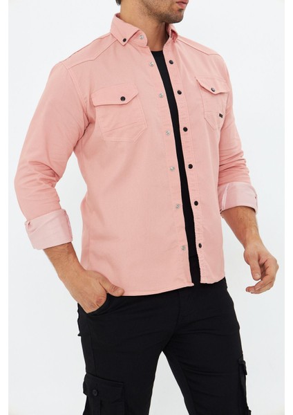 Erkek Pudra Slim Fit Dar Kalıp Çift Cepli Pamuklu Kot Gömlek