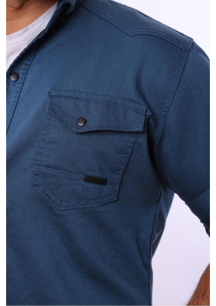 Erkek Lacivert Slim Fit Dar Kalıp Çift Cepli Pamuklu Kot Gömlek fiyatları
