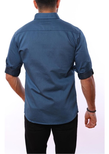 Erkek Lacivert Slim Fit Dar Kalıp Çift Cepli Pamuklu Kot Gömlek indirimleri