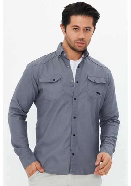 Erkek Gri Slim Fit Dar Kalıp Çift Cepli Pamuklu Kot Gömlek