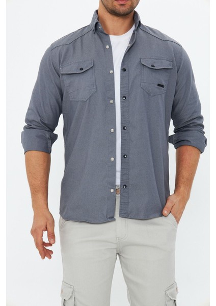 Erkek Gri Slim Fit Dar Kalıp Çift Cepli Pamuklu Kot Gömlek