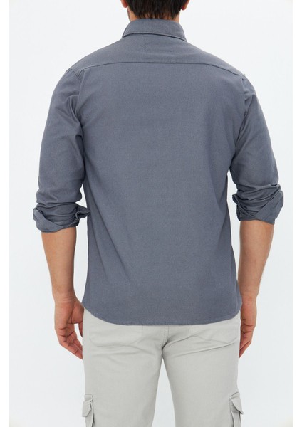 Erkek Gri Slim Fit Dar Kalıp Çift Cepli Pamuklu Kot Gömlek