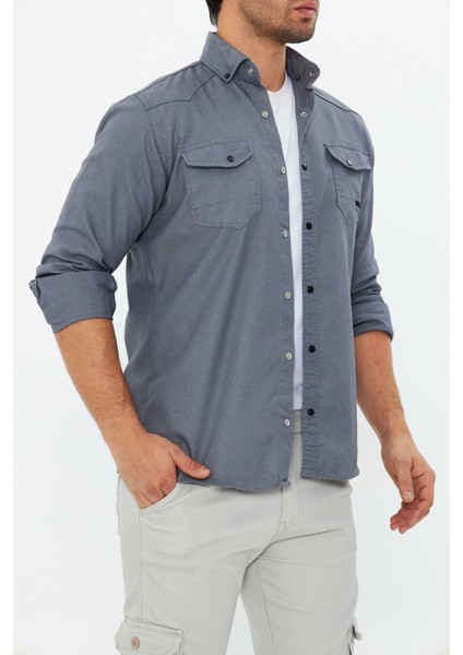 Erkek Gri Slim Fit Dar Kalıp Çift Cepli Pamuklu Kot Gömlek