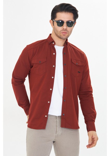 Erkek Kiremit Slim Fit Dar Kalıp Çift Cepli Pamuklu Kot Gömlek