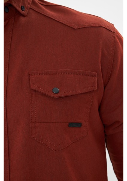 Erkek Kiremit Slim Fit Dar Kalıp Çift Cepli Pamuklu Kot Gömlek