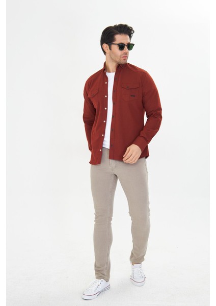 Erkek Kiremit Slim Fit Dar Kalıp Çift Cepli Pamuklu Kot Gömlek