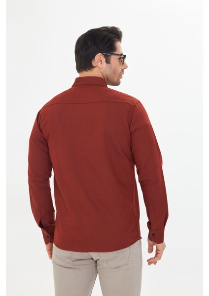 Erkek Kiremit Slim Fit Dar Kalıp Çift Cepli Pamuklu Kot Gömlek
