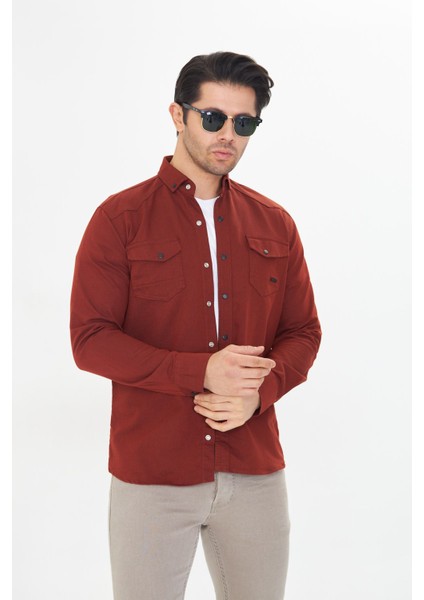 Erkek Kiremit Slim Fit Dar Kalıp Çift Cepli Pamuklu Kot Gömlek