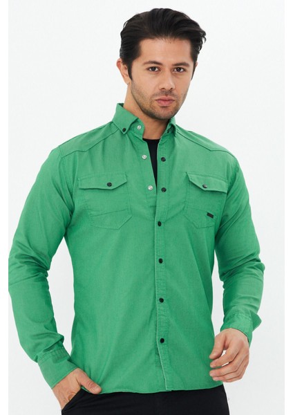 Erkek Yeşil Slim Fit Dar Kalıp Çift Cepli Pamuklu Kot Gömlek