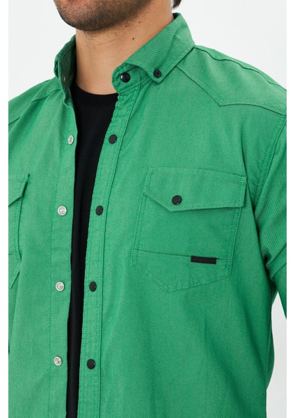 Erkek Yeşil Slim Fit Dar Kalıp Çift Cepli Pamuklu Kot Gömlek fiyatları