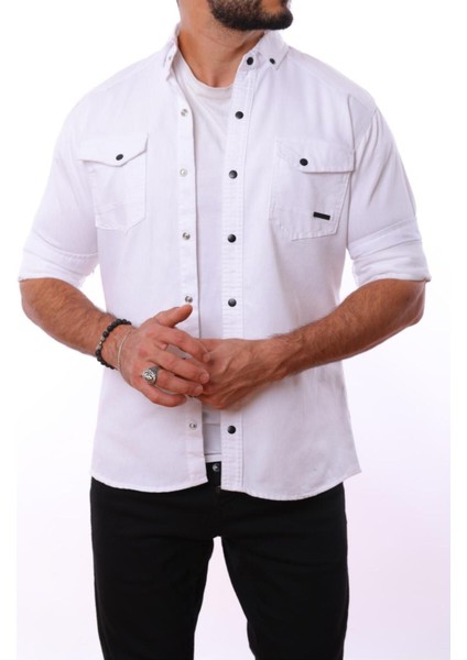 Erkek Beyaz Slim Fit Dar Kalıp Çift Cepli Pamuklu Kot Gömlek