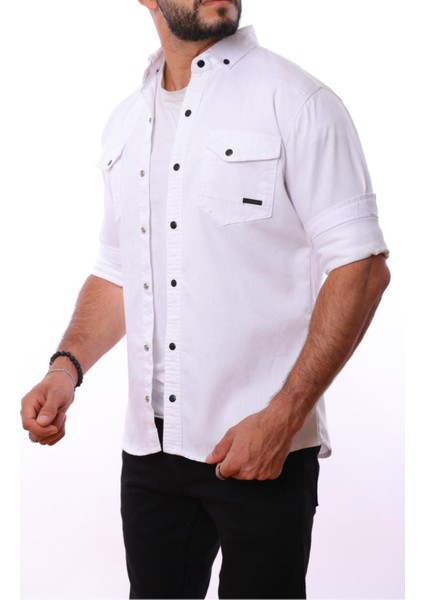 Erkek Beyaz Slim Fit Dar Kalıp Çift Cepli Pamuklu Kot Gömlek modelleri