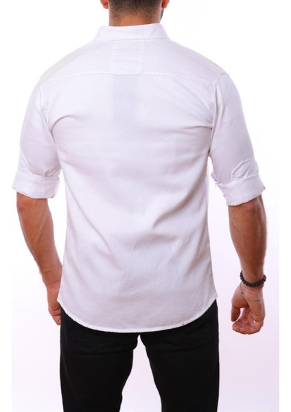 Erkek Beyaz Slim Fit Dar Kalıp Çift Cepli Pamuklu Kot Gömlek indirimleri