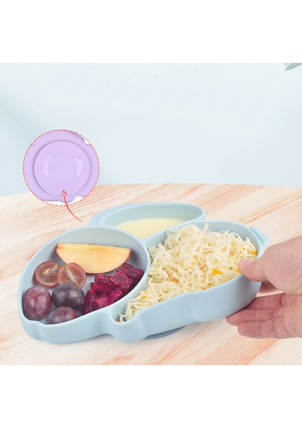 Silikon Beslenme Seti / Tavşan Figürlü Vakumlu Mama Tabağı, Çatal ve Kaşık / Buz Mavisi