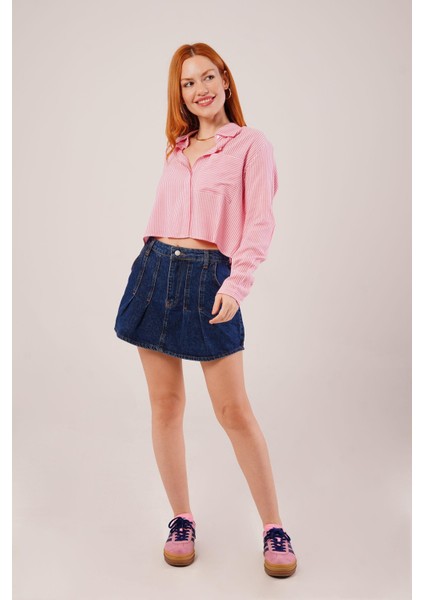 Tek Cep Çizgili Pembe Kısa Gömlek