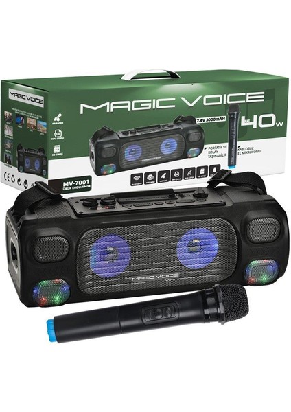 MV-7001 Vhf El Mikrofonlu Usb-Sd-Bluetooth Işıklı 40 W Taşınabilir Şarjlı Seyyar Anfi