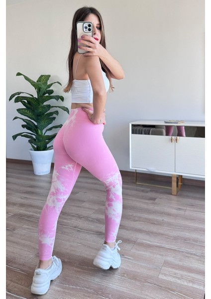 Spor Tayt Toparlayıcı Push-Up Arkası Brezilya Büzgülü Batik Desen Pembe