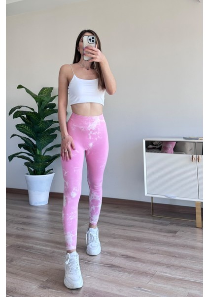 Spor Tayt Toparlayıcı Push-Up Arkası Brezilya Büzgülü Batik Desen Pembe fırsatları