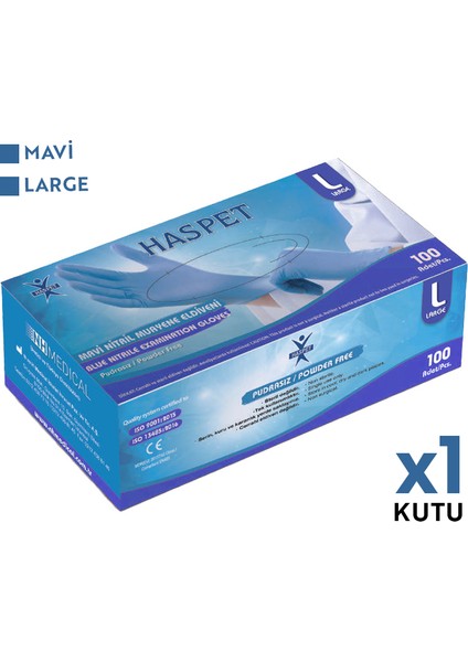 Nitril Muayene Eldiveni 100'LÜ L Büyük Boy Mavi