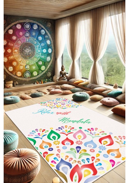Mandala Desenli Yoga Meditasyon Halısı Kaymaz Tabanlı Dijital Baskılı Yıkanabilir Pati Dostu