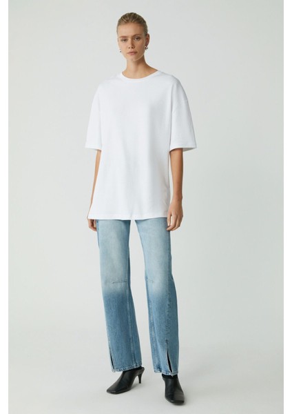 Modest Vıvıan Kadın %100 Organik Pamuklu Oversize Fit Bisiklet Yaka Basic Ekru Büyük Beden T-shirt