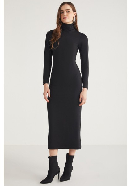 Modest Katja Kadın Vücudu Tamamen Saran Slim Fit Dar Kesim Dik Yaka Midi Boy Siyah Elbise modelleri