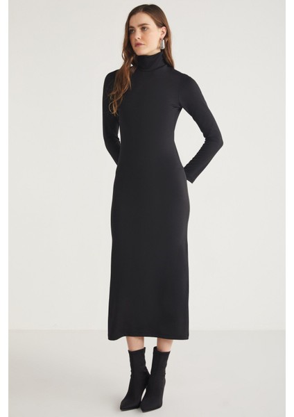 Modest Katja Kadın Vücudu Tamamen Saran Slim Fit Dar Kesim Dik Yaka Midi Boy Siyah Elbise indirimleri