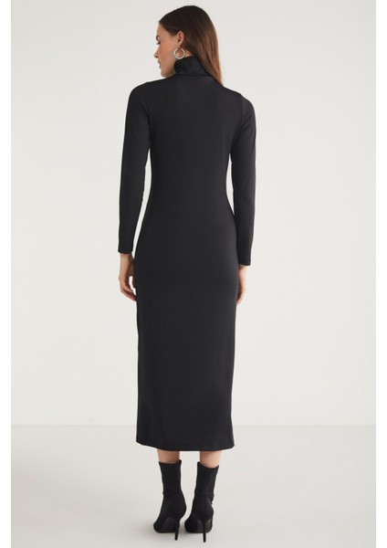 Modest Katja Kadın Vücudu Tamamen Saran Slim Fit Dar Kesim Dik Yaka Midi Boy Siyah Elbise
