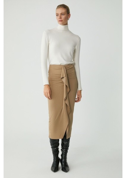 Modest Melında Kadın Örme Vücuda Tamamen Oturan Drape Detaylı Kalem Bej Etek fiyatları