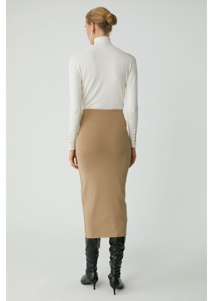 Modest Melında Kadın Örme Vücuda Tamamen Oturan Drape Detaylı Kalem Bej Etek indirimleri