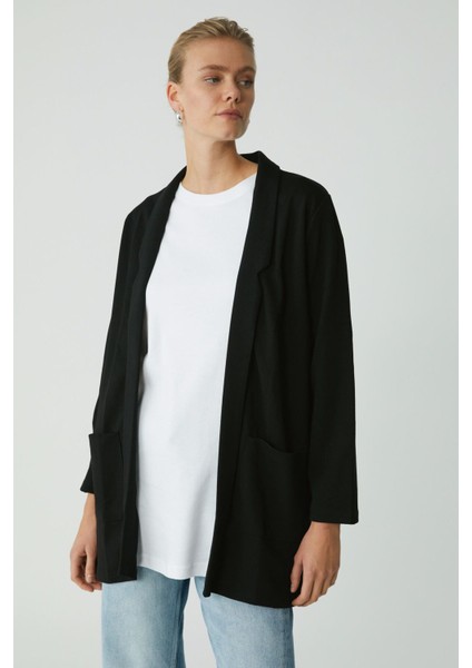 Modest Nora Kadın Örme Çelikli Interlok Kumaşlı Takma Cepli Şal Yakalı Blazer Uzun Siyah Ceket