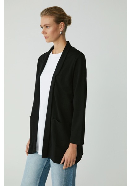 Modest Nora Kadın Örme Çelikli Interlok Kumaşlı Takma Cepli Şal Yakalı Blazer Uzun Siyah Ceket