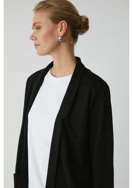Modest Nora Kadın Örme Çelikli Interlok Kumaşlı Takma Cepli Şal Yakalı Blazer Uzun Siyah Ceket