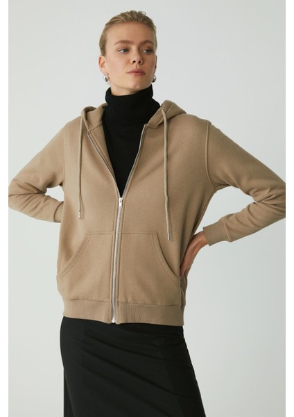 Modest Cherısh Kadın Içi Polarlı Yumuşacık Kalın Kumaşlı Kapüşonlu Fermuarlı Vizon Sweatshirt