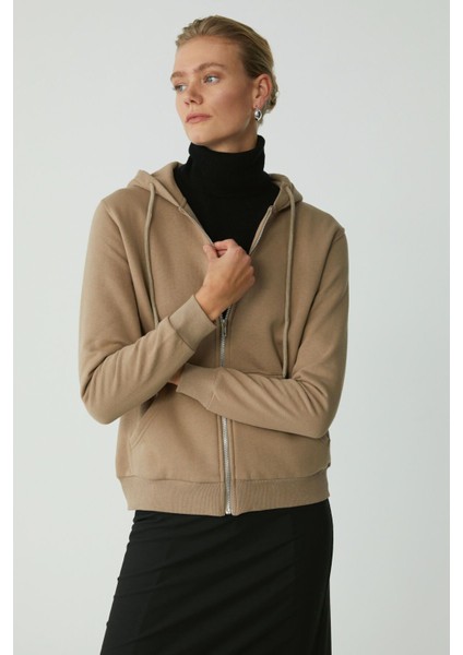 Modest Cherısh Kadın Içi Polarlı Yumuşacık Kalın Kumaşlı Kapüşonlu Fermuarlı Vizon Sweatshirt modelleri