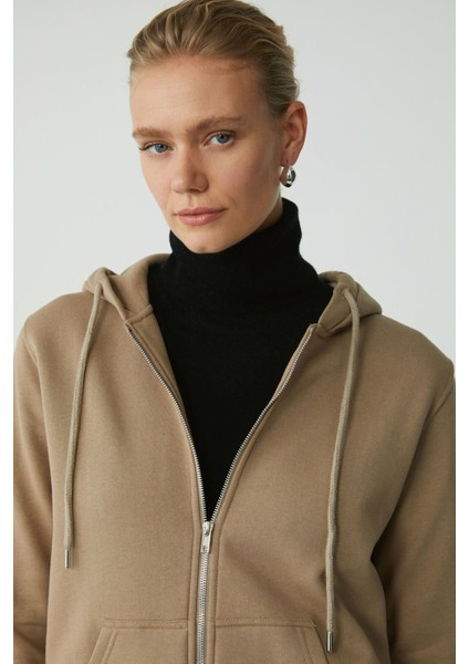 Modest Cherısh Kadın Içi Polarlı Yumuşacık Kalın Kumaşlı Kapüşonlu Fermuarlı Vizon Sweatshirt indirimleri