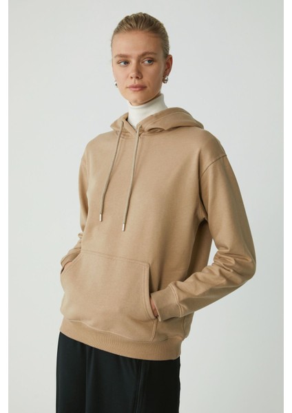 Modest Abelia Kadın Içi Polarlı Yumuşacık Kalın Kumaşlı Kapüşonlu Comfort Fit Vizon Sweatshirt