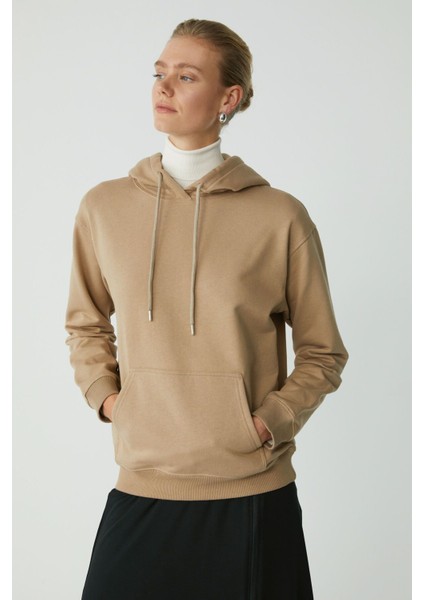 Modest Abelia Kadın Içi Polarlı Yumuşacık Kalın Kumaşlı Kapüşonlu Comfort Fit Vizon Sweatshirt
