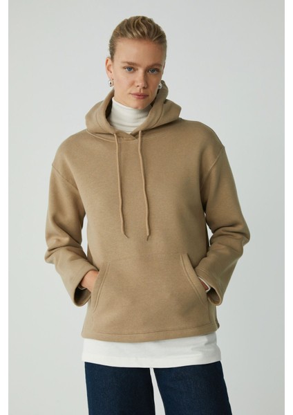 Ethiquet Piper Kadın İçi Polarlı Yumuşacık Confort Fit Kapüşonlu Kanguru Cep Bej Sweatshirt