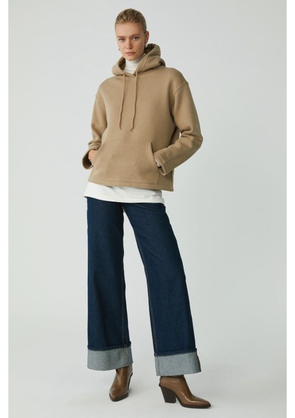 Ethiquet Piper Kadın İçi Polarlı Yumuşacık Confort Fit Kapüşonlu Kanguru Cep Bej Sweatshirt