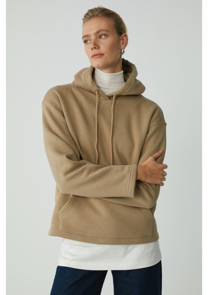 Ethiquet Piper Kadın İçi Polarlı Yumuşacık Confort Fit Kapüşonlu Kanguru Cep Bej Sweatshirt