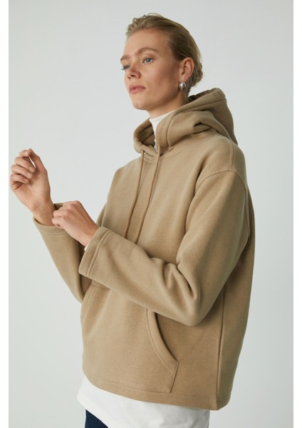 Ethiquet Piper Kadın İçi Polarlı Yumuşacık Confort Fit Kapüşonlu Kanguru Cep Bej Sweatshirt