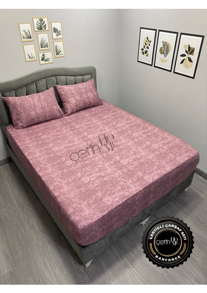Kumaş Lastikli Çarşaf Seti Çift Kişilik ve Battal Boy Gölge Gül Kurusu 160 x 200