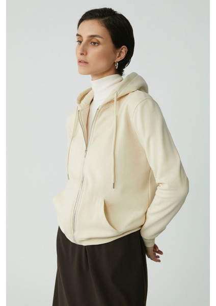 Ethiquet Cherish Kadın İçi Polarlı Yumuşak Kalın Kumaşlı Kapüşonlu Fermuarlı Comfort Fit Vanilya Sweatshirt fırsatları