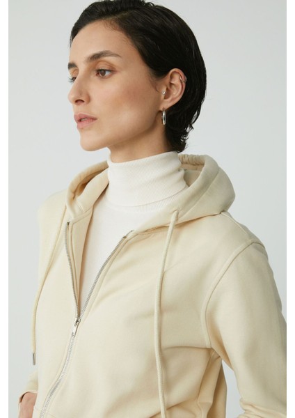 Ethiquet Cherish Kadın İçi Polarlı Yumuşak Kalın Kumaşlı Kapüşonlu Fermuarlı Comfort Fit Vanilya Sweatshirt indirimleri