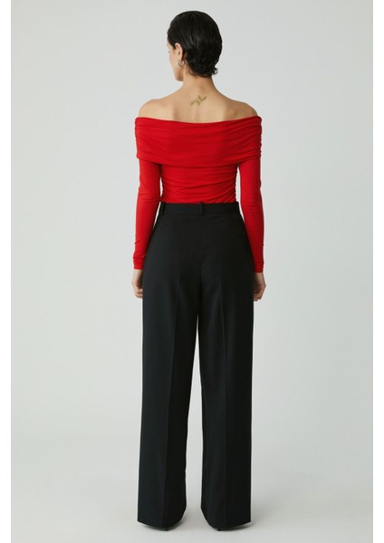 Modest Babel Kadın Slim Fit Dar Kalıp Büzgü Detaylı Kayık Yaka Uzun Kollu Kırmızı Bluz indirimleri