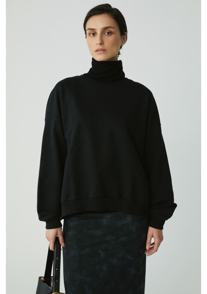 Modest Barborabb Kadın Relaxed Içi Polarlı Yumuşacık Comfort Fit Siyah Büyük Beden Sweatshirt