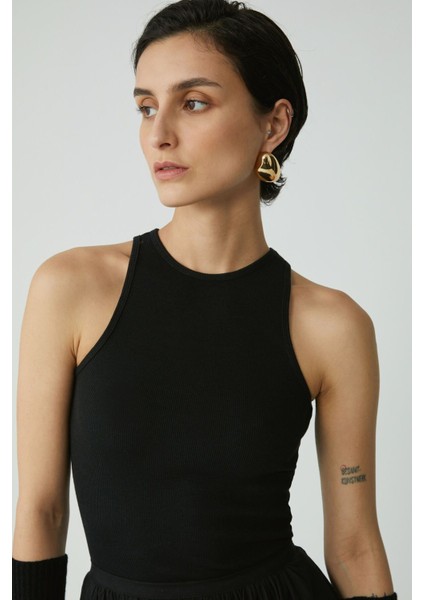 Modest Joyce Kadın Slim Fit Dar Kalıp Sıfır Kol Bisiklet Yaka Örme Crop Siyah Atlet
